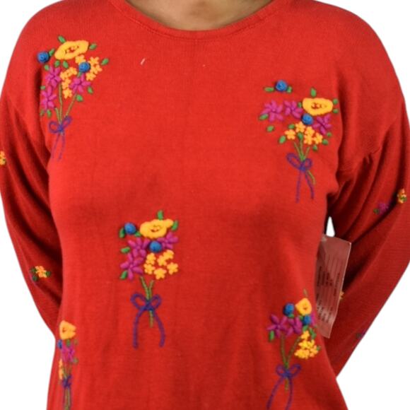 Vintage Birch Bros Eagles Eye Embroidery Sweater Red Floral Bouquet Medium Large - Picture 4 of 14